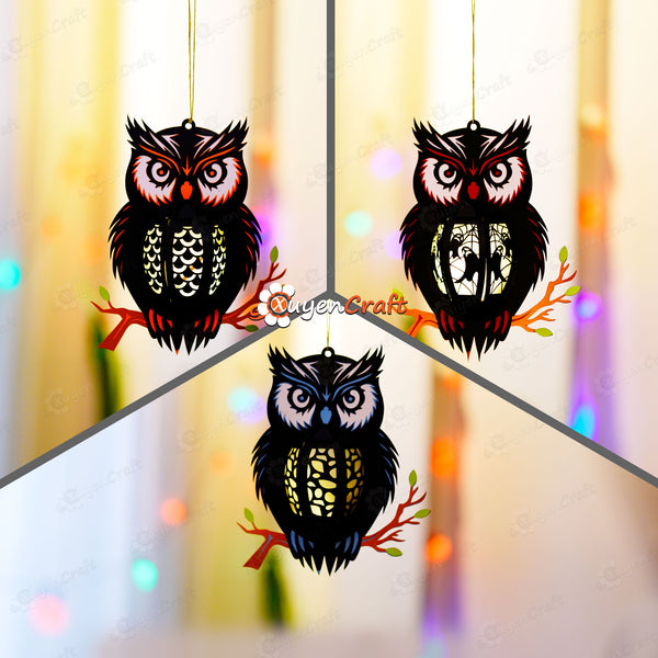 Set 3 Owl Lantern PDF, SVG, Studio Templates - Owl Paper Lantern for Halloween Decoration