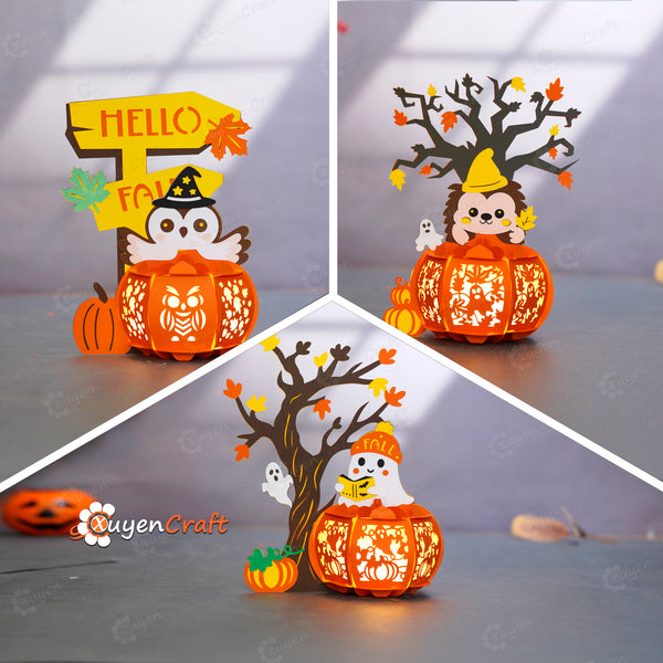 Pack 3 Cute Fall Pumpkin Lanterns – Owl, Hedgehog, Ghost Lanterns Papercut Template