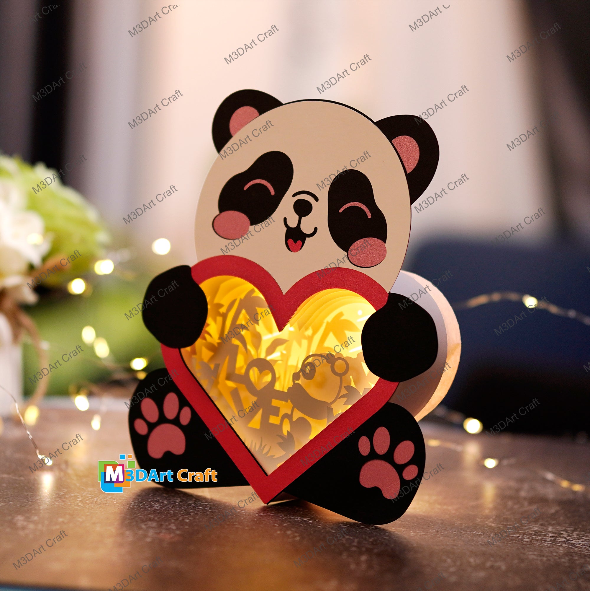 Pack 3 Panda Heart Lantern Shadow Box PDF, SVG Template - DIY Couple Panda, Bear Family Lightbox for Valentine's Day