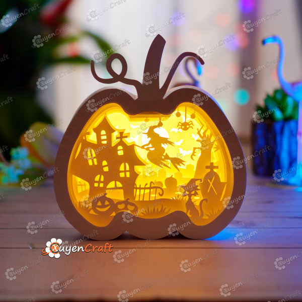 Flying Witch Pumpkin Lantern Shadow Box Halloween PDF, SVG Light Box for Cricut, Sillhouette 4, ScanNcut