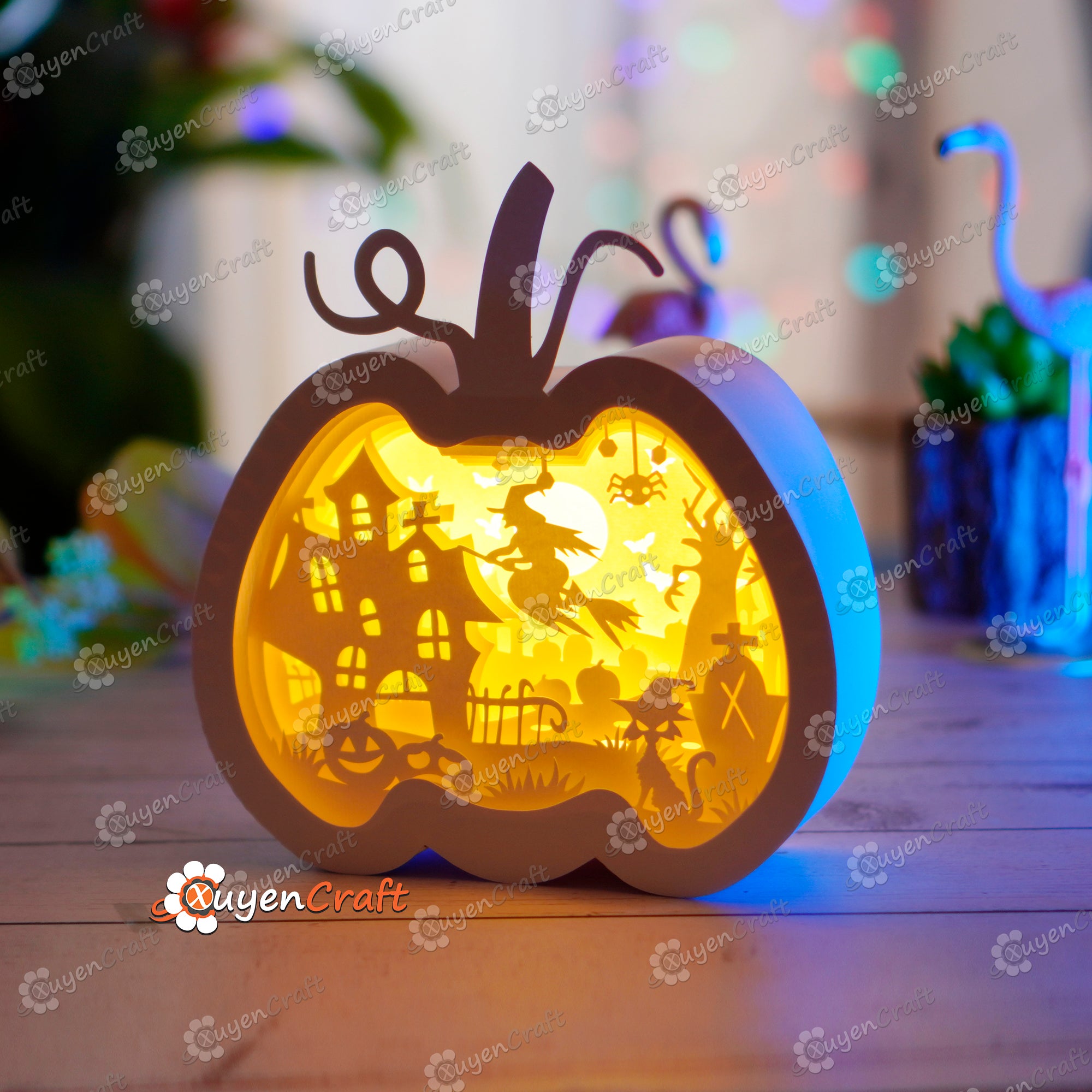 Flying Witch Pumpkin Lantern Shadow Box Halloween PDF, SVG Light Box for Cricut, Sillhouette 4, ScanNcut