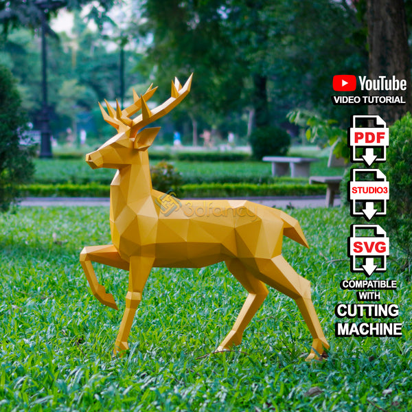 Raised Leg Deer Papercraft Template – PDF SVG Studio Files – DIY Low Poly Deer Model for Christmas Decoration