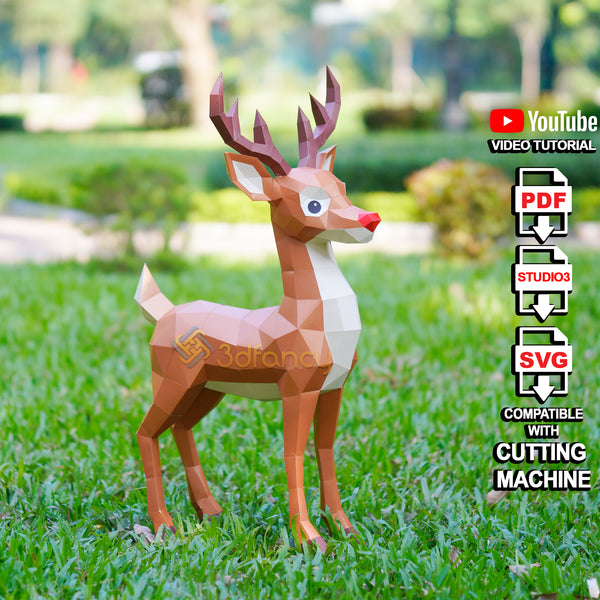 Reindeer Papercraft Template – 3D Cute Rudolph Christmas Decoration 2025 | DIY Paper Model Ornament | SVG for Cricut | Printable PDF Files