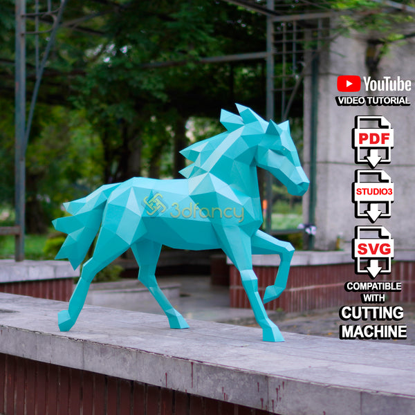 Low Poly Horse Papercraft Template – PDF SVG Studio Files – DIY Running Horse with Wind Mane for Home Decoration, Geometric Horse Sculpture