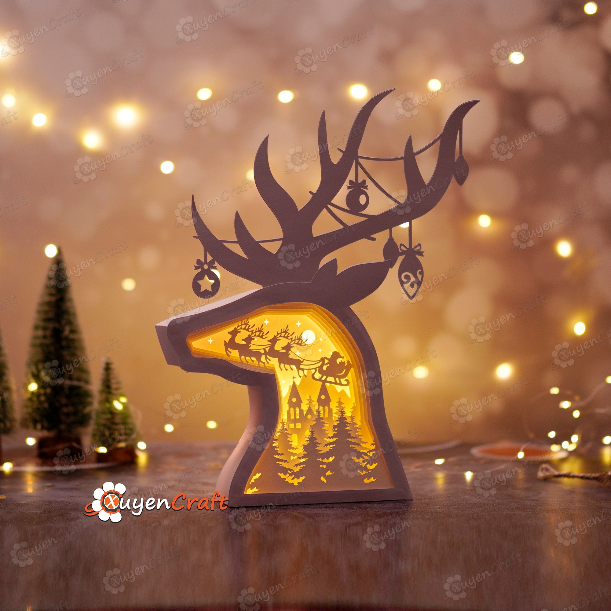 Santa Flying Sleigh in Deer Head Christmas Shadow Box PDF, SVG Light Box for Cricut Projects - DIY Christmas Lantern, Reindeer Lighbox
