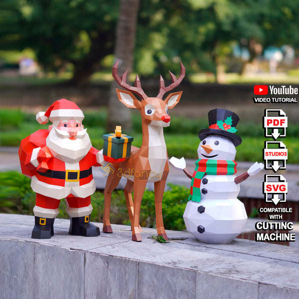 Pack 3 Christmas 3D Papercraft Templates – Santa Claus, Reindeer & Snowman 2025 | Low Poly DIY Paper Model Ornaments | SVG, PDF Stuido Files
