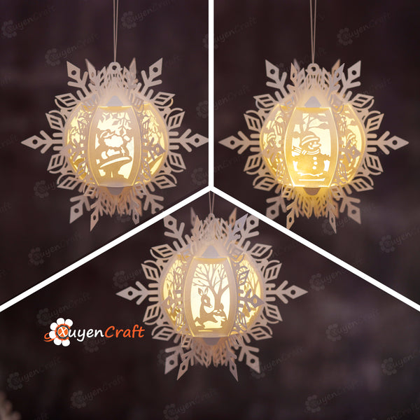 Set 3 Hanging Snowflake Lantern PDF, SVG, Studio Templates