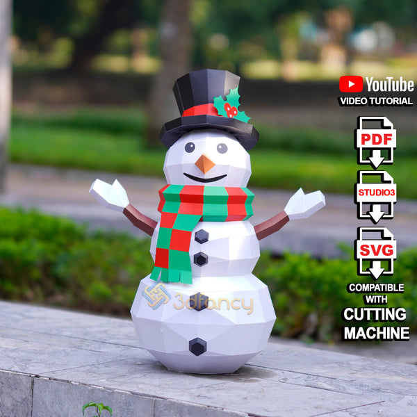 Low Poly Snowman Papercraft Template – 3D Christmas Decoration 2025 | DIY Paper Sculpture Ornament | SVG for Cricut | Printable PDF Files