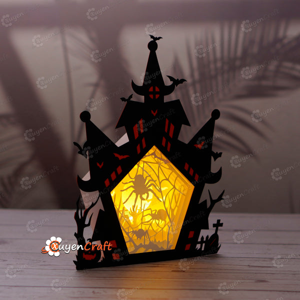 Boîte à ombres de la maison hantée d'araignée effrayante d'Halloween PDF, boîte à lumière SVG pour Cricut, Sillhouette 4, ScanNcut