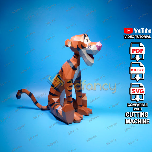 Low poly Tigger Sit 3D Papercraft PDF, SVG, Silhouette Studio Template