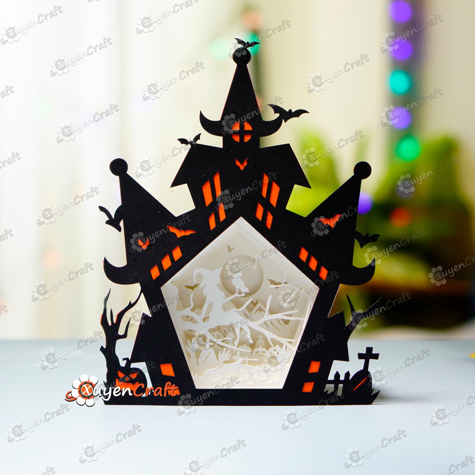 Witch & Crow in Haunted House Shadow Box Halloween PDF, SVG Light Box for Cricut, Sillhouette 4, ScanNcut