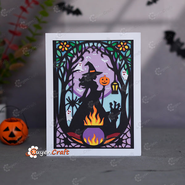Witch Forest 3D Stained Glass Shadow Box SVG | Layered Papercut Template