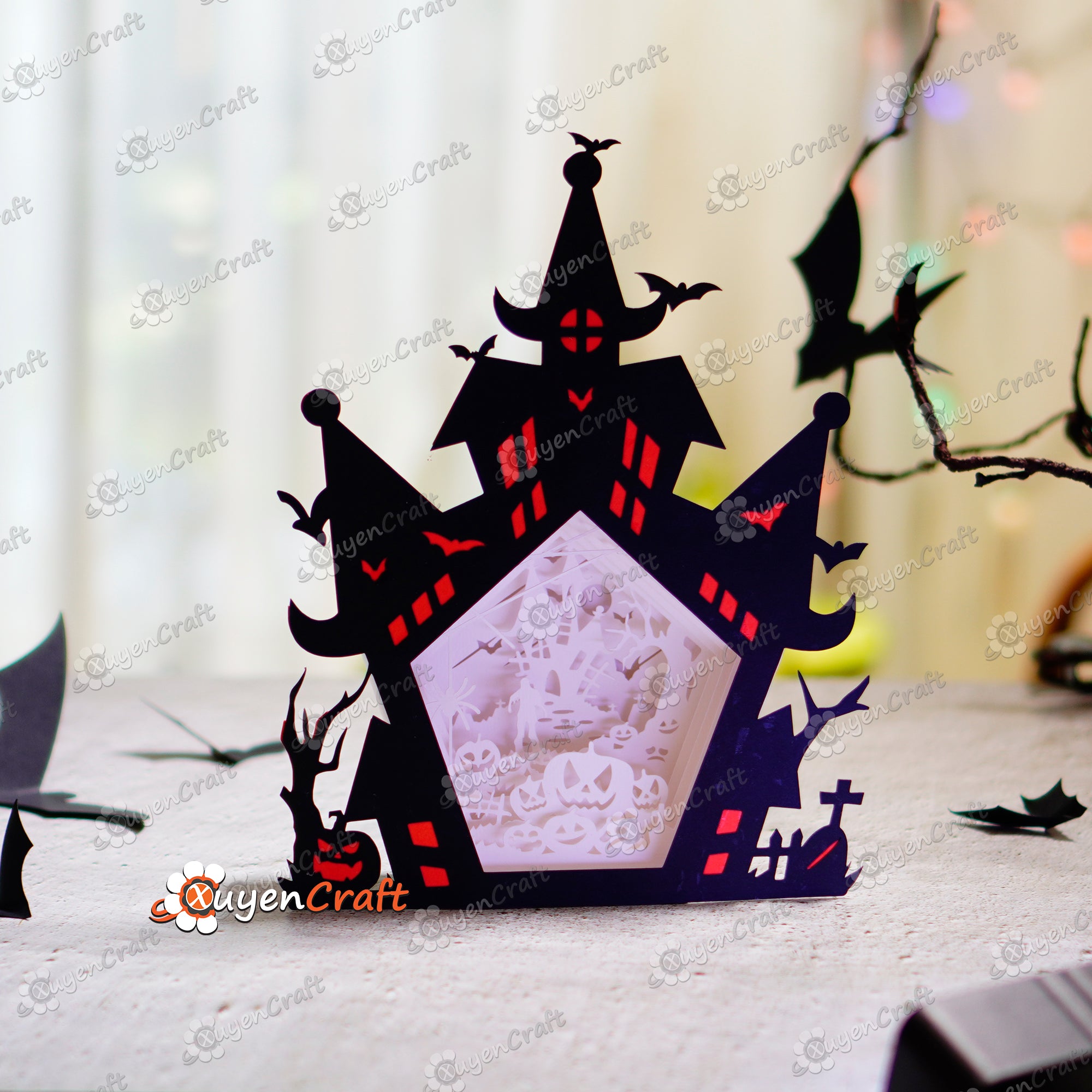 Zombie in Haunted House Shadow Box Halloween PDF, SVG Light Box for Cricut Projects, ScanNcut