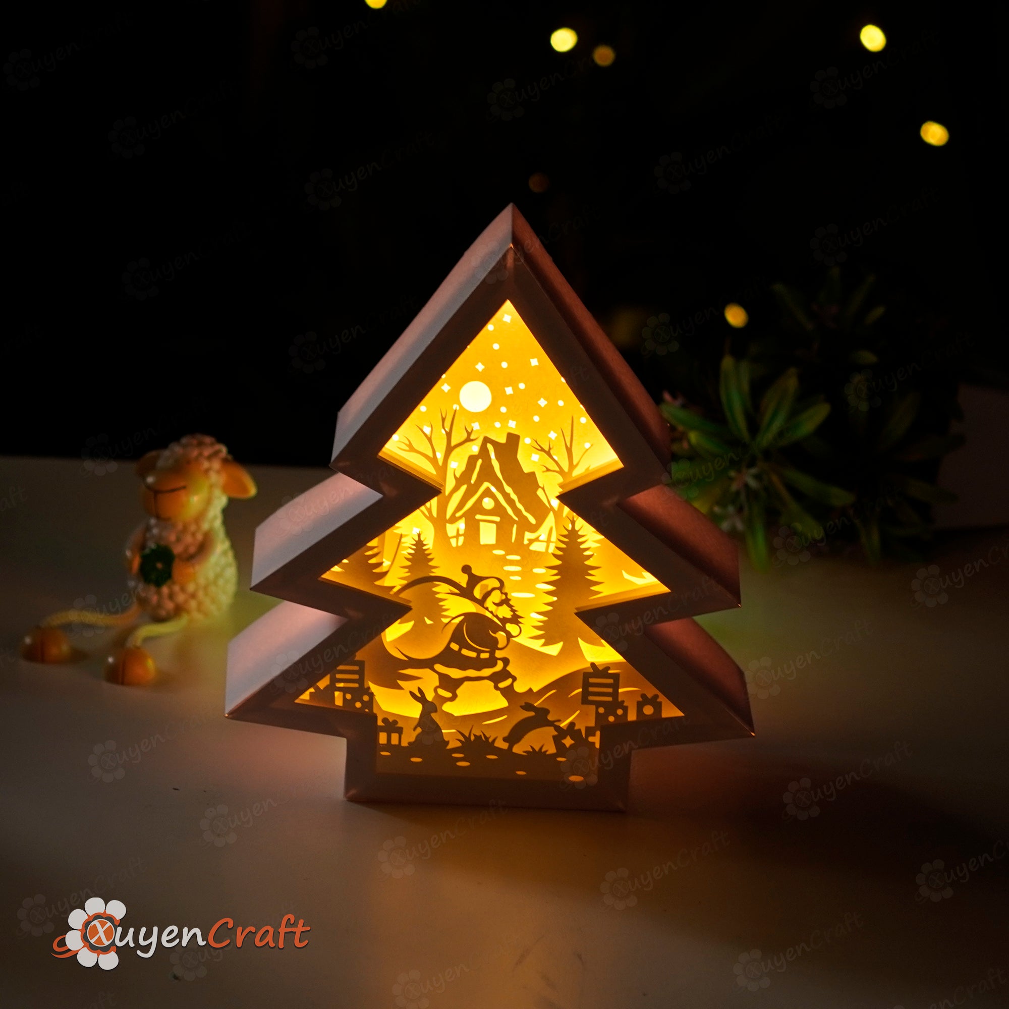 Santa Claus Christmas Tree Shadow Box Paper Cut Lamp, Christmas Lanterns