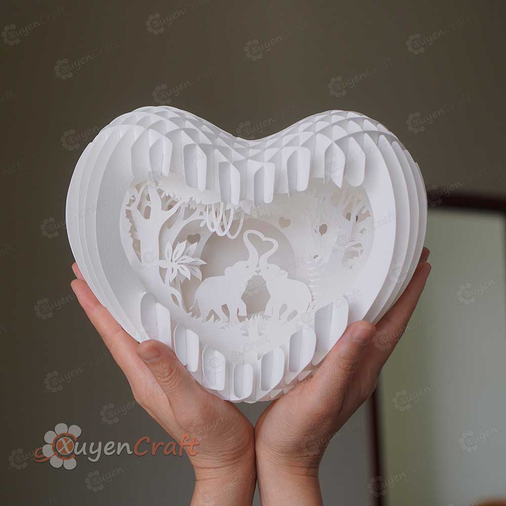 Elephant Love Heart 3D Pop-up Card Light Box PDF, SVG Template Paper Cutting, 3D Heart Lighting - Globe Popup, Lamp Paper Shadow Papercut