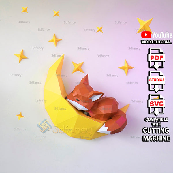 Fox Sleepy On The Moon Papercraft PDF, SVG Template Compatible with Cricut, Cameo 4, Scanncut