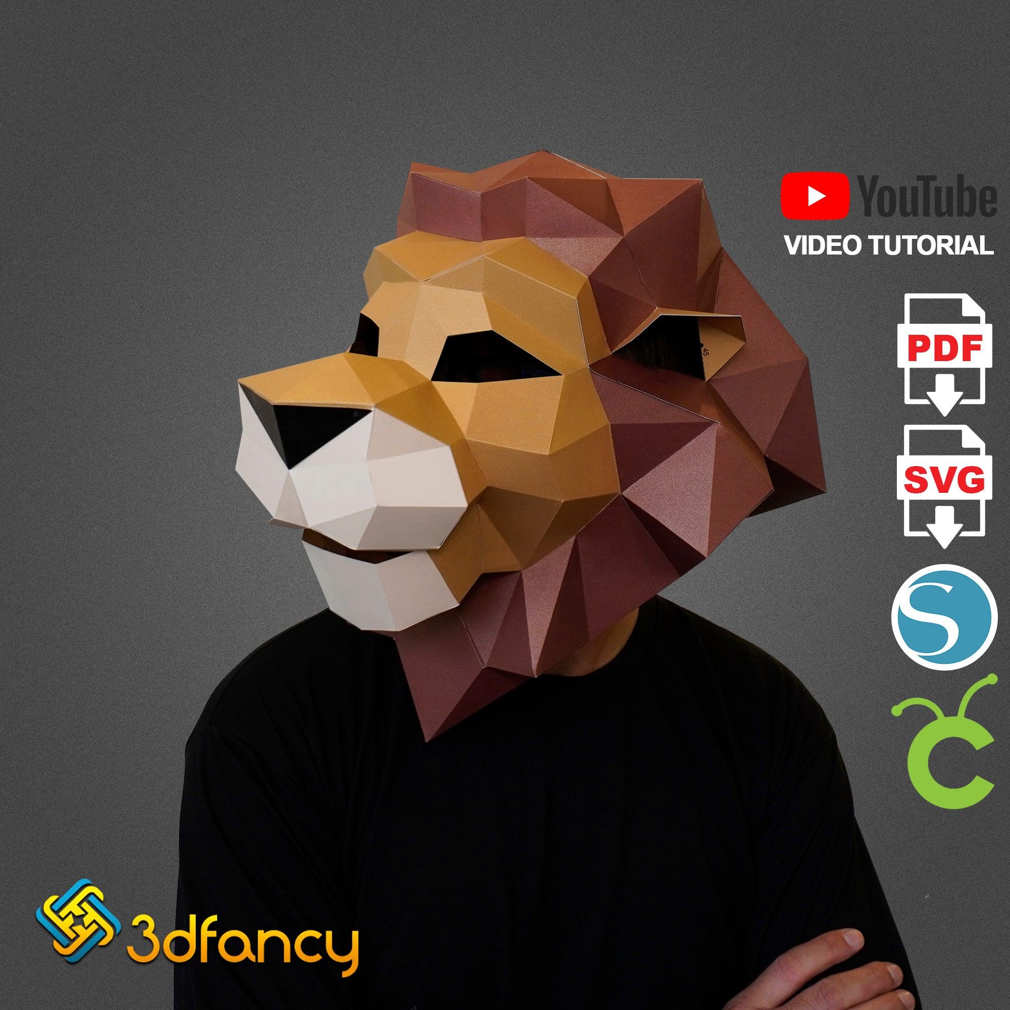 DIY Paper Mask, 3D SVG, Silhouette Studio, PDF Printable Template, Lion 3D Mask, Polygon, Low Poly, Geometric Pattern - 3dfancy