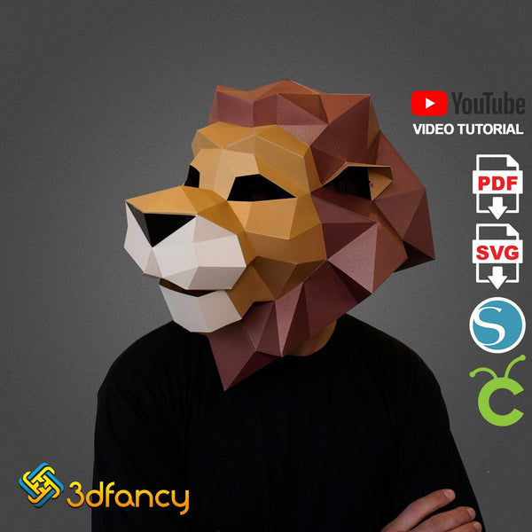 Lion Mask Papercraft | DIY Paper Mask, 3D SVG, Silhouette Studio, PDF Printable Template, Lion 3D Mask, Polygon, Low Poly, Geometric Pattern - 3dfancy