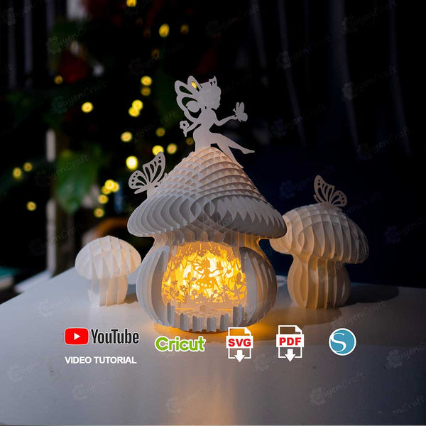 Mushroom Fairy House 3D Pop Up Cards, PDF SVG Papercut Template / Paper Lamp DIY / Sliceform Shadow Box / Lightbox cut files / 3D Papercraft