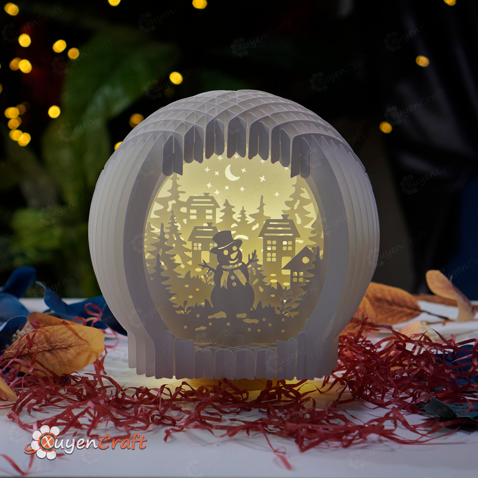 SVG, Studio template creating paper night light for christmas, Snow globe snowman paper cut light box, DIY kirigami