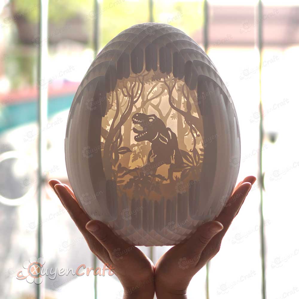 SVG Template T-Rex Dinosaur Egg Pop up, 3D Papercut Light Box Sliceform Paper Sphere Popup, 3d lamp svg, Dinosaur night light