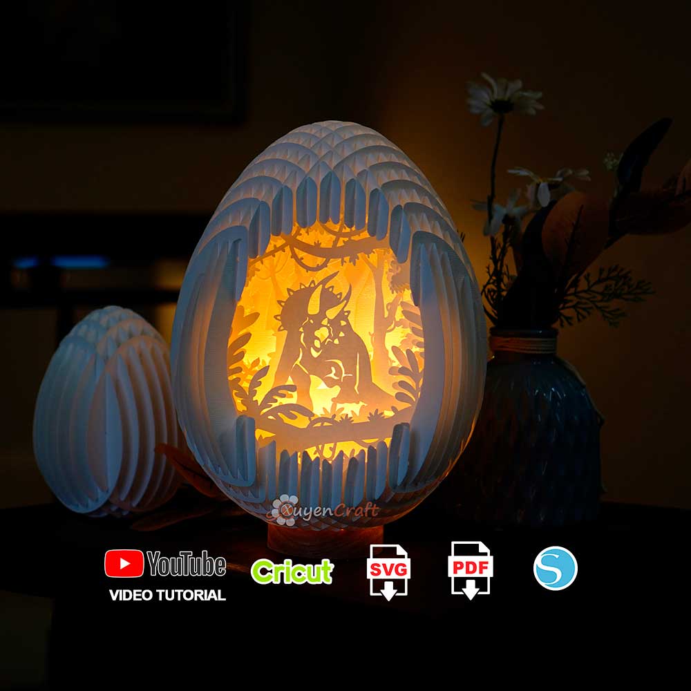 Triceratops Dinosaur 3D Egg Pop up PDF SVG Studio Template , 3D Papercut Light Box, DIY Dinosaur Egg Pop-up, 3d lamp svg (12inch Paper)