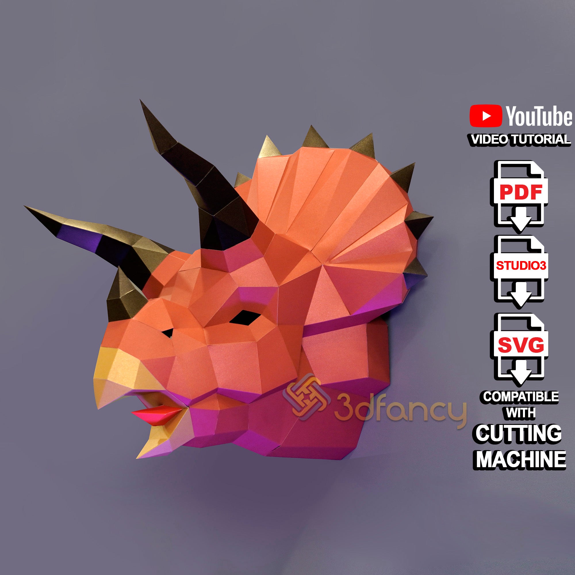 Triceratops Dinosaur Head Papercraft PDF, SVG Template Compatible with Cricut, Cameo 4, Scanncut