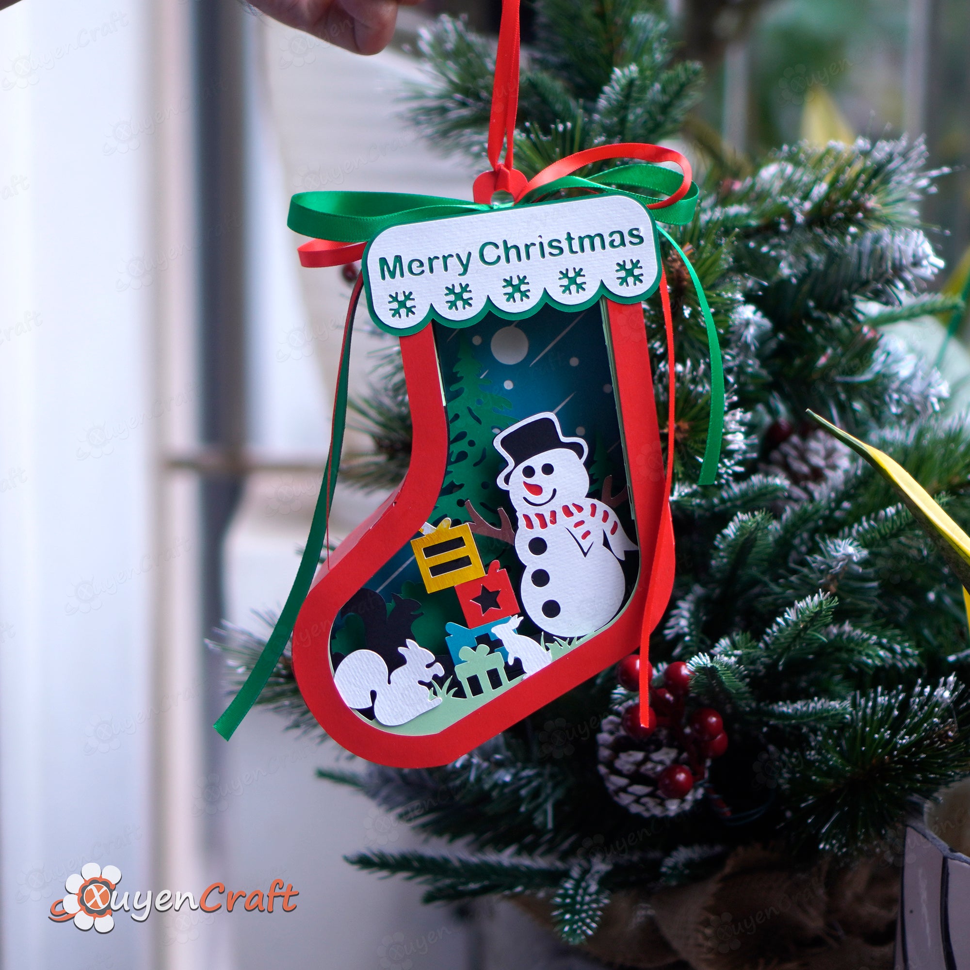 DIY Christmas Hanging Socks Snowman PDF, SVG Template - Sock Shadow Box - Paper Cut Christmas Ornaments - Paper Lantern 3D Layered svg