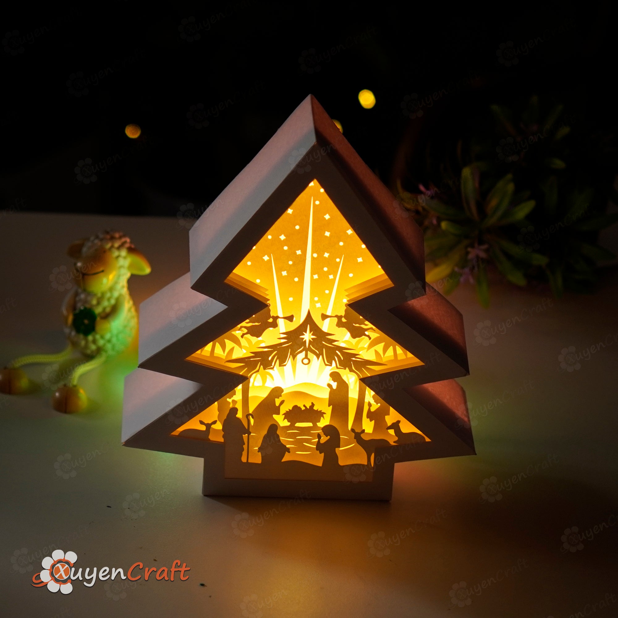 Nativity Scene Christmas Tree Shadow Box Paper Cut Lamp, Christmas Lanterns