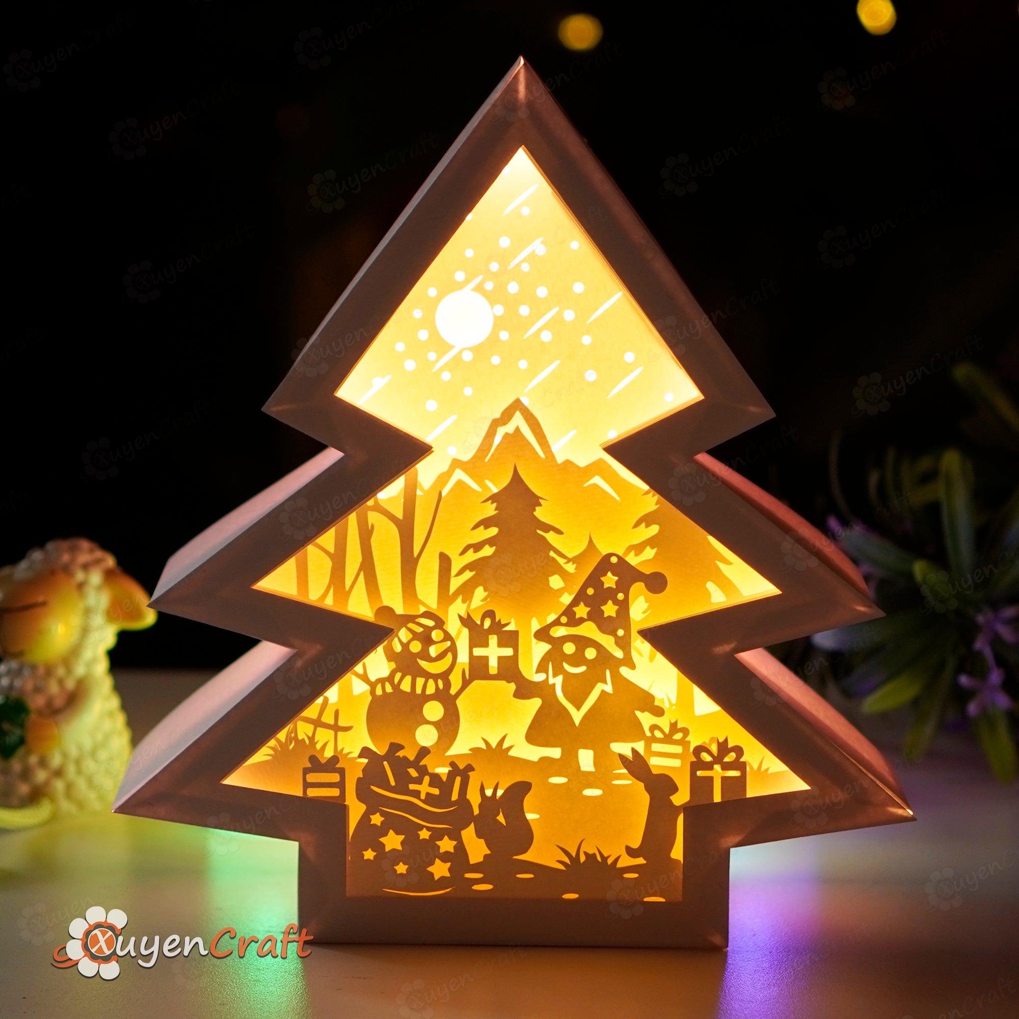 Snowman and Santa In Christmas Tree Shadow Box Christmas Lanterns Decoration, 3D layered Paper Cut Lamp