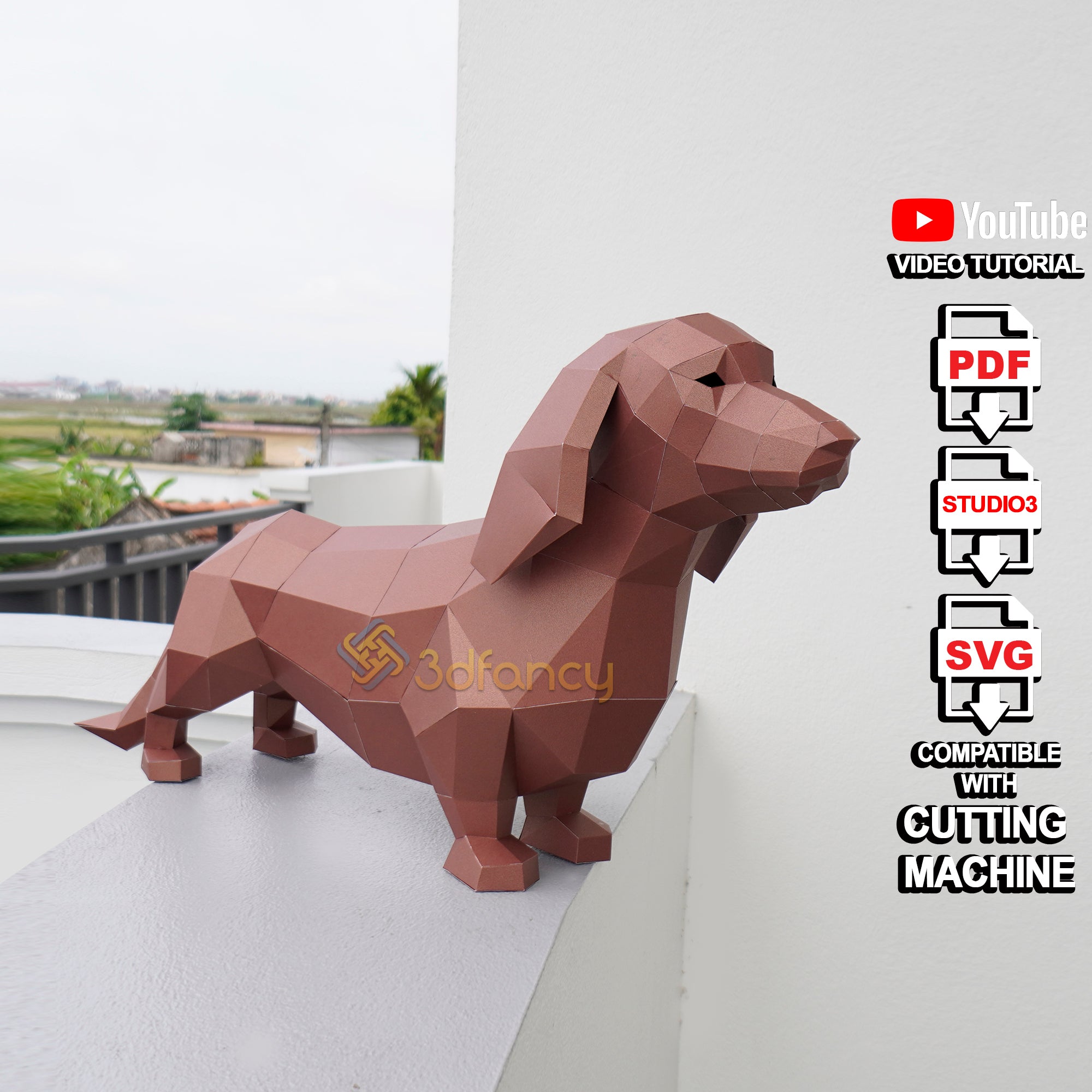 Dachshund Papercraft PDF, 3D SVG Template creating Lowpoly Dog