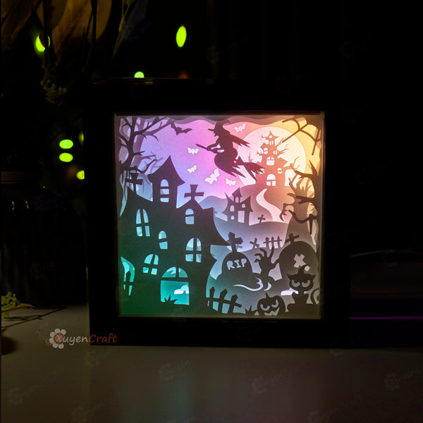 Fliegende Hexe Halloween Papercut Light Box, Schattenbox SVG Vorlage für Cricut, Cameo4, ScanNcut