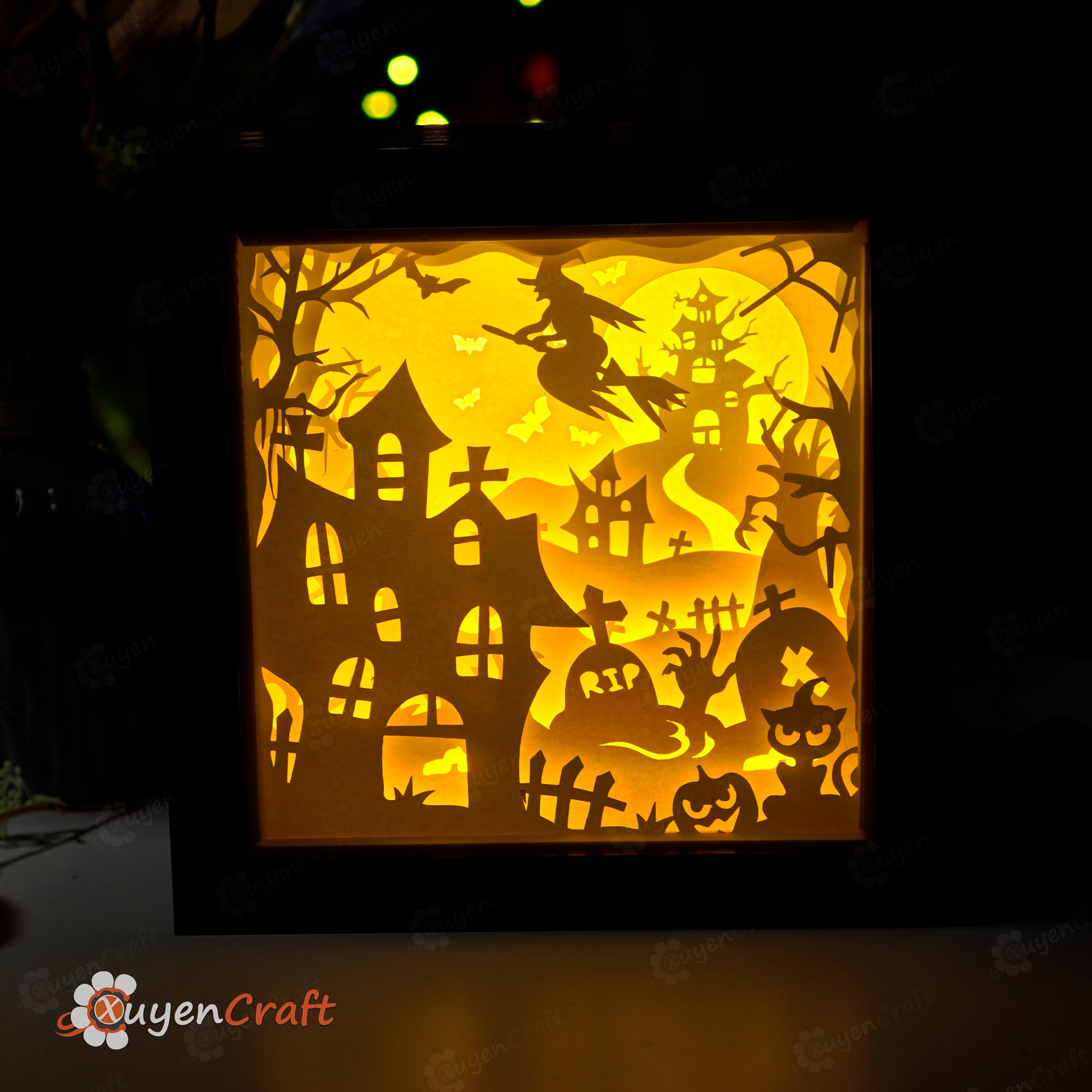 Flying Witch Halloween Papercut Light Box, Shadow Box SVG Template for Cricut, Cameo4,ScanNcut