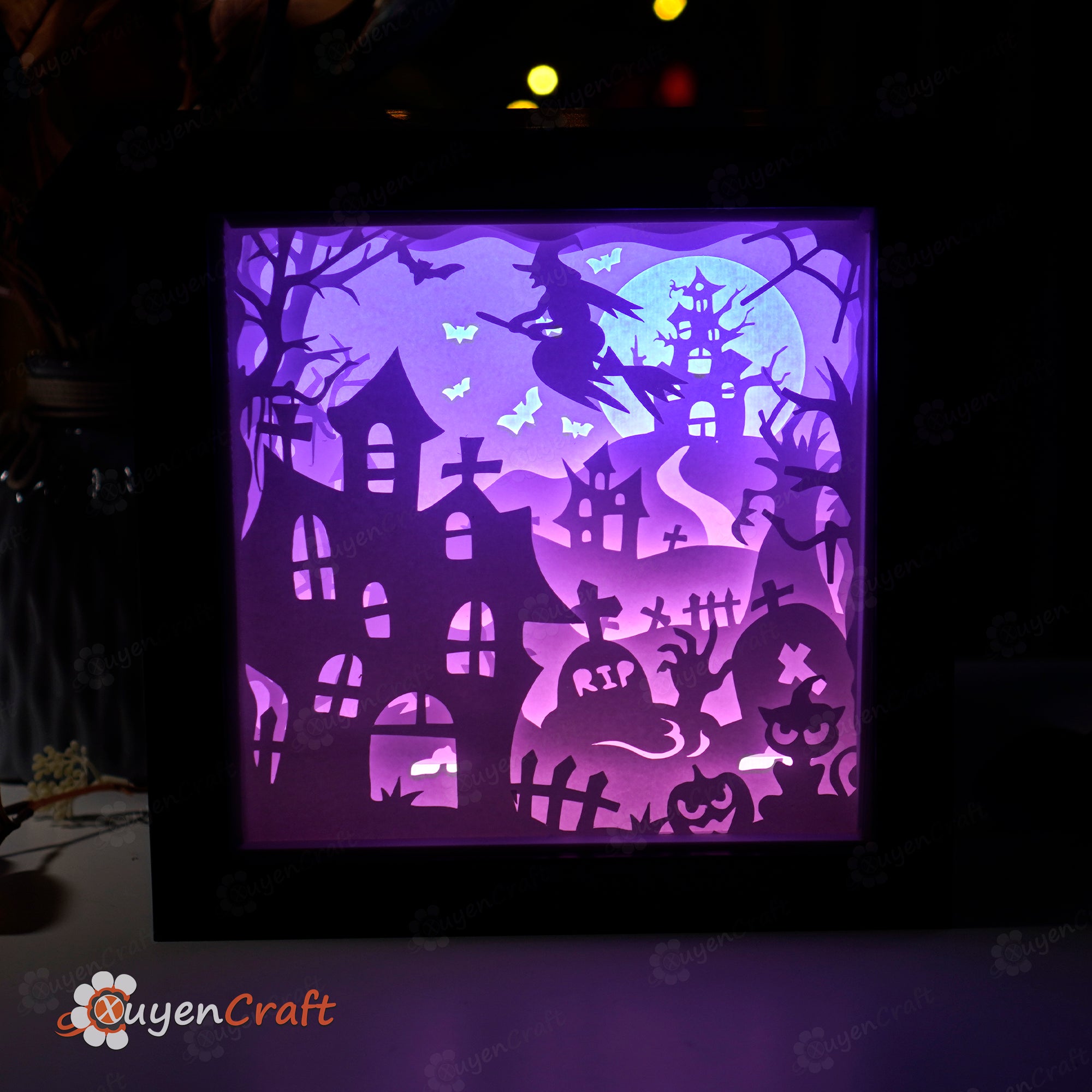 Flying Witch Halloween Papercut Light Box, Shadow Box SVG Template for Cricut, Cameo4,ScanNcut