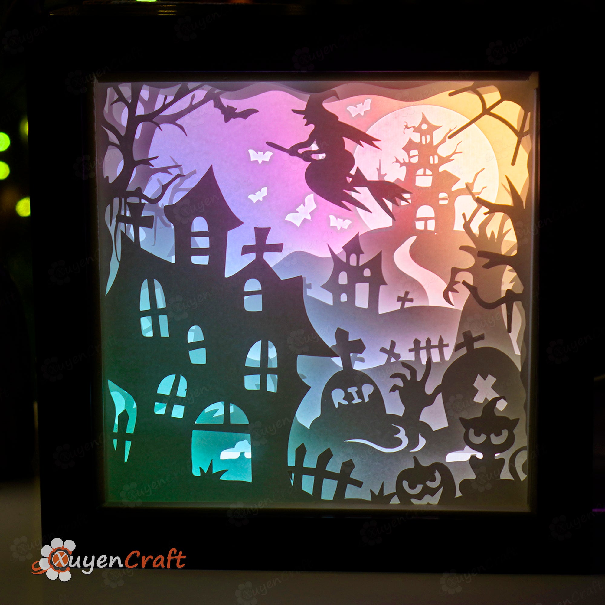 Flying Witch Halloween Papercut Light Box, Shadow Box SVG Template for Cricut, Cameo4,ScanNcut