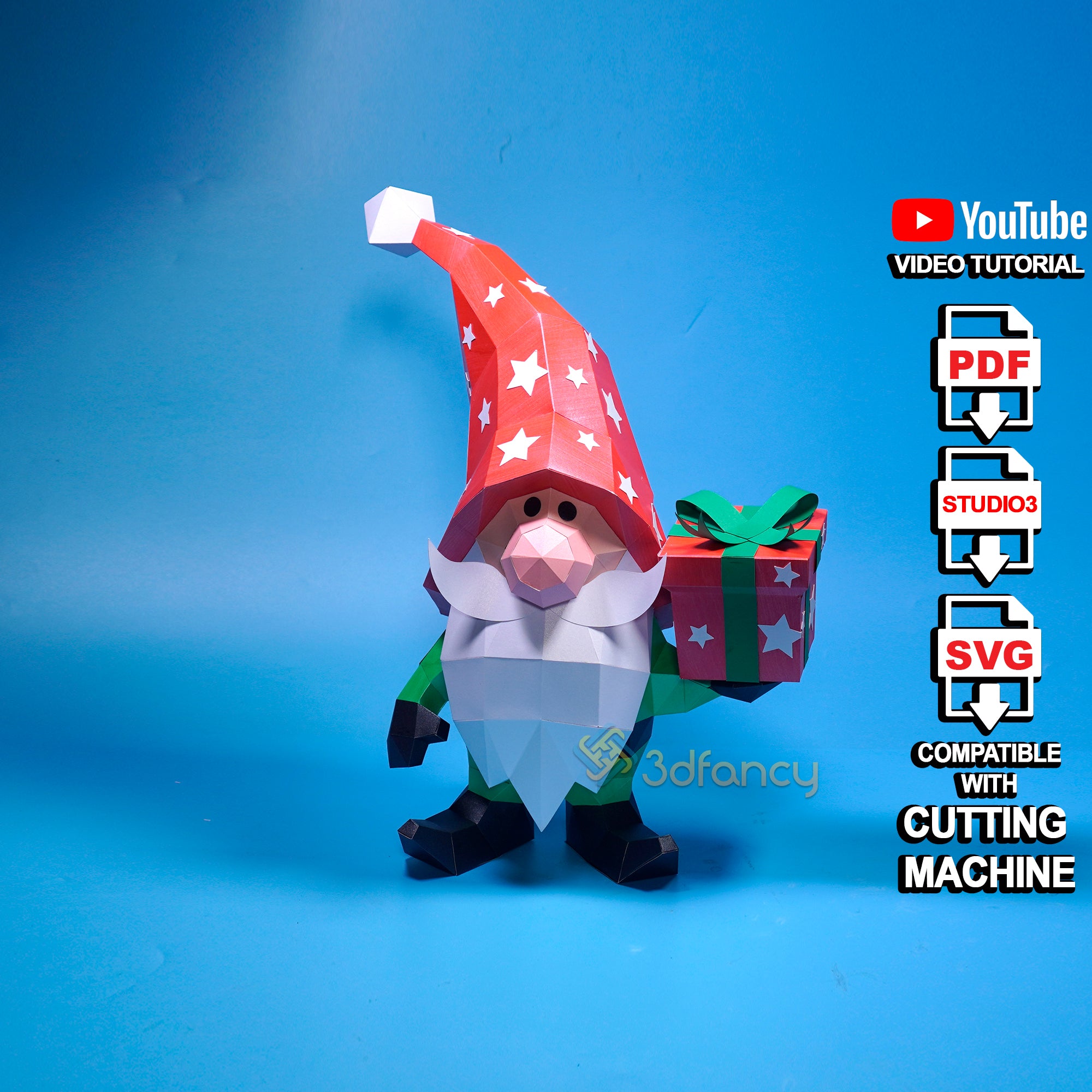 Gnome Papercraft 3D PDF, SVG Templates for Cricut Projects - DIY Low Poly Gnome and Christmas Gnome 3D for Christmas Decorations