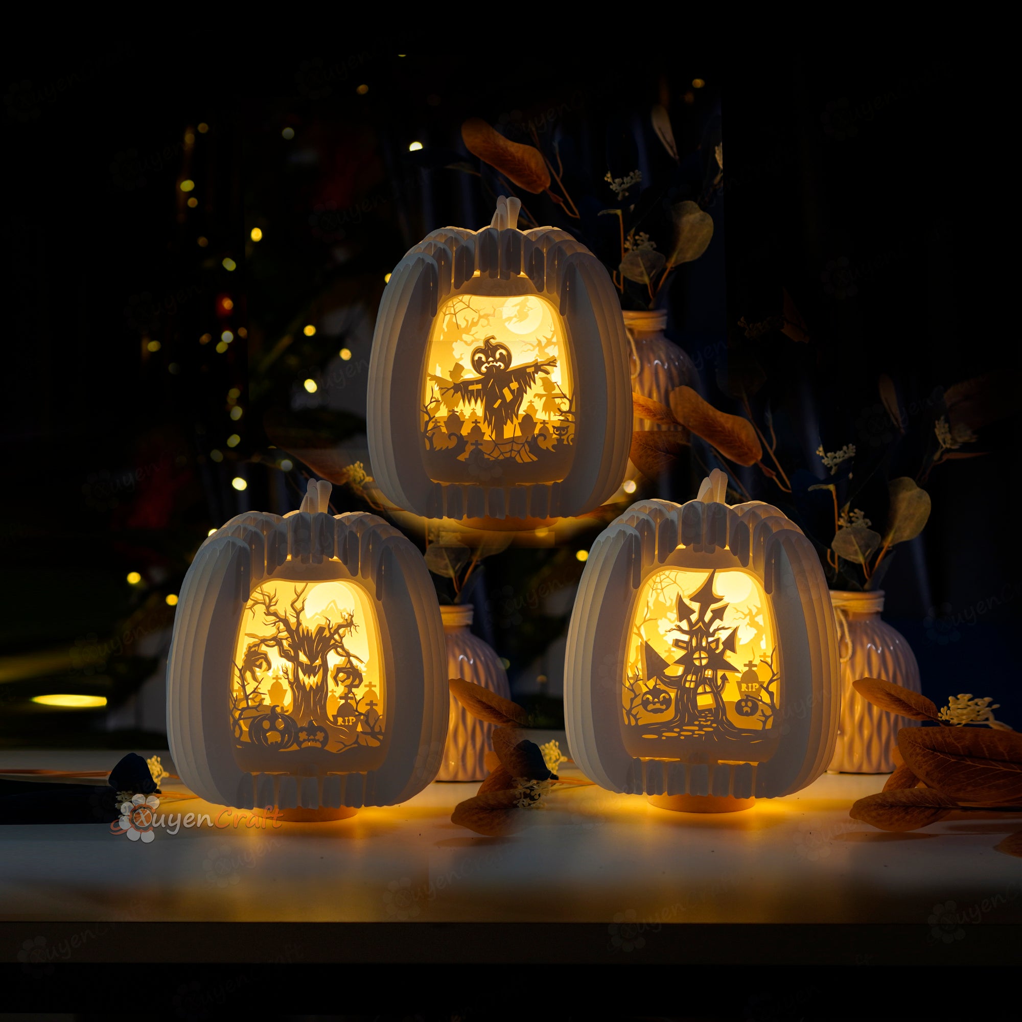 This is Pack 3 Halloween Tall Pumpkin Pop Up 3D SVG, Studio Template, DIY Halloween Lightbox
