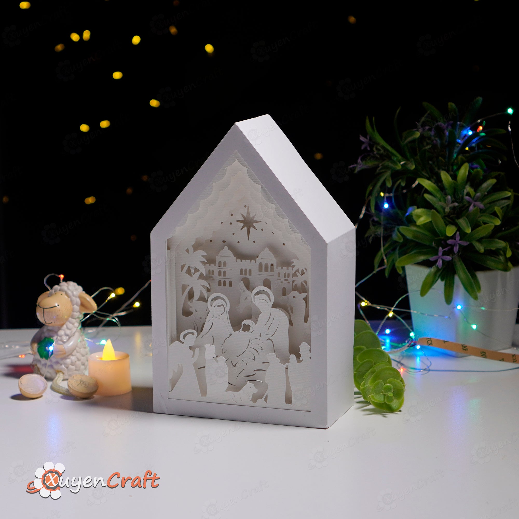 Nativity Scene In Christmas House Lanterns SVG Template Paper Cut Lamp Nativity Scene In Christmas House Lanterns SVG Template Paper Cut Lamp