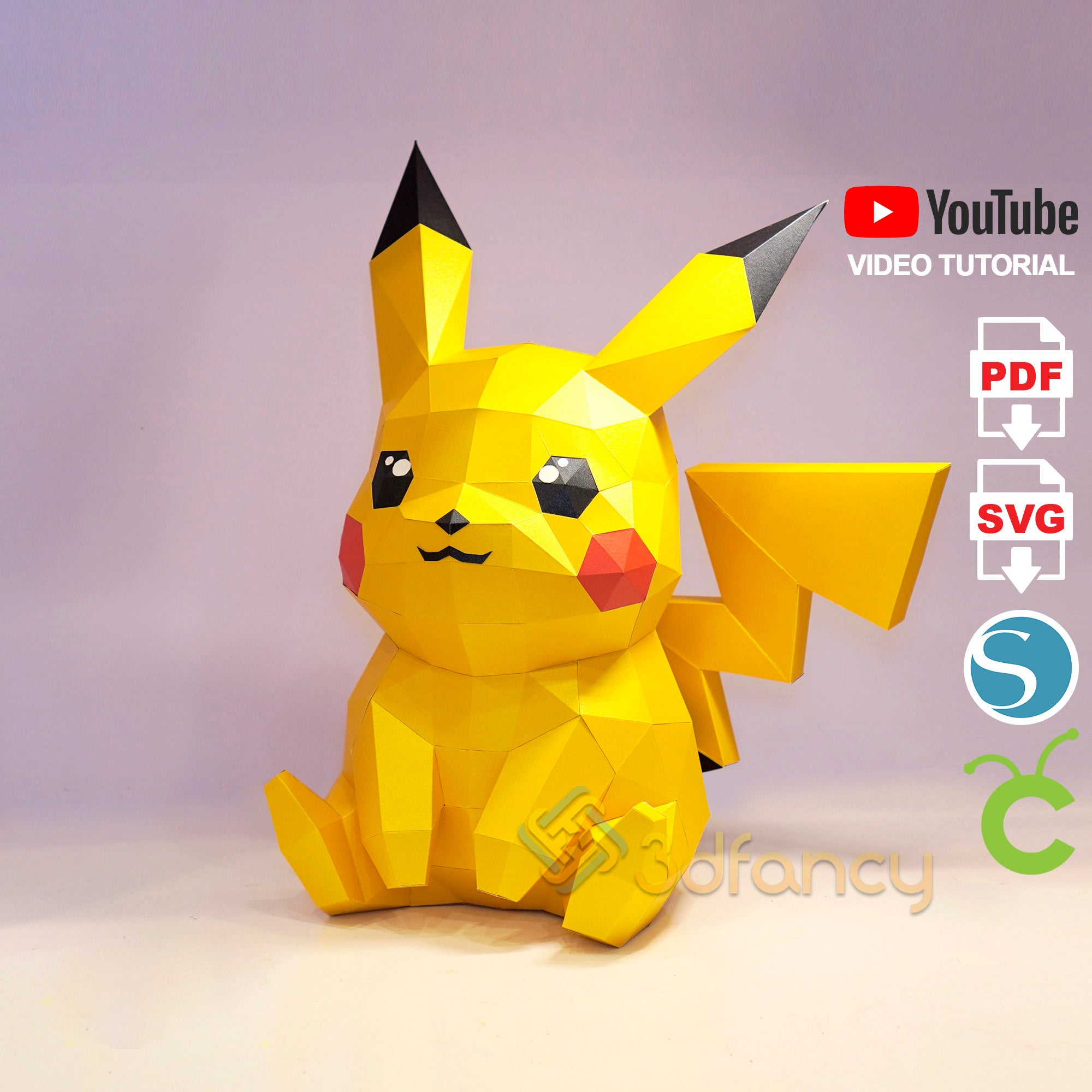 PDF, SVG, Silhouette Studio Template for DIY Pikachu Sit 3D Papercraft Compatible with Cricut, Cameo 4, Scanncut