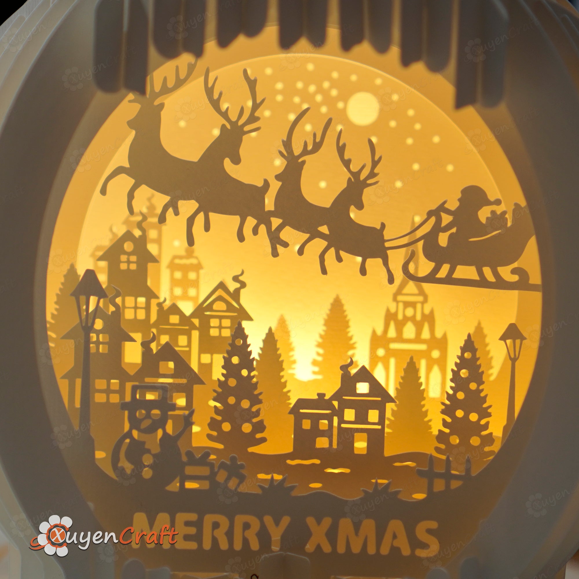 Merry Xmas - Santa Claus Reindeer Flying Snow Globe Pop Up 3D SVG, Silhouette Studio Template