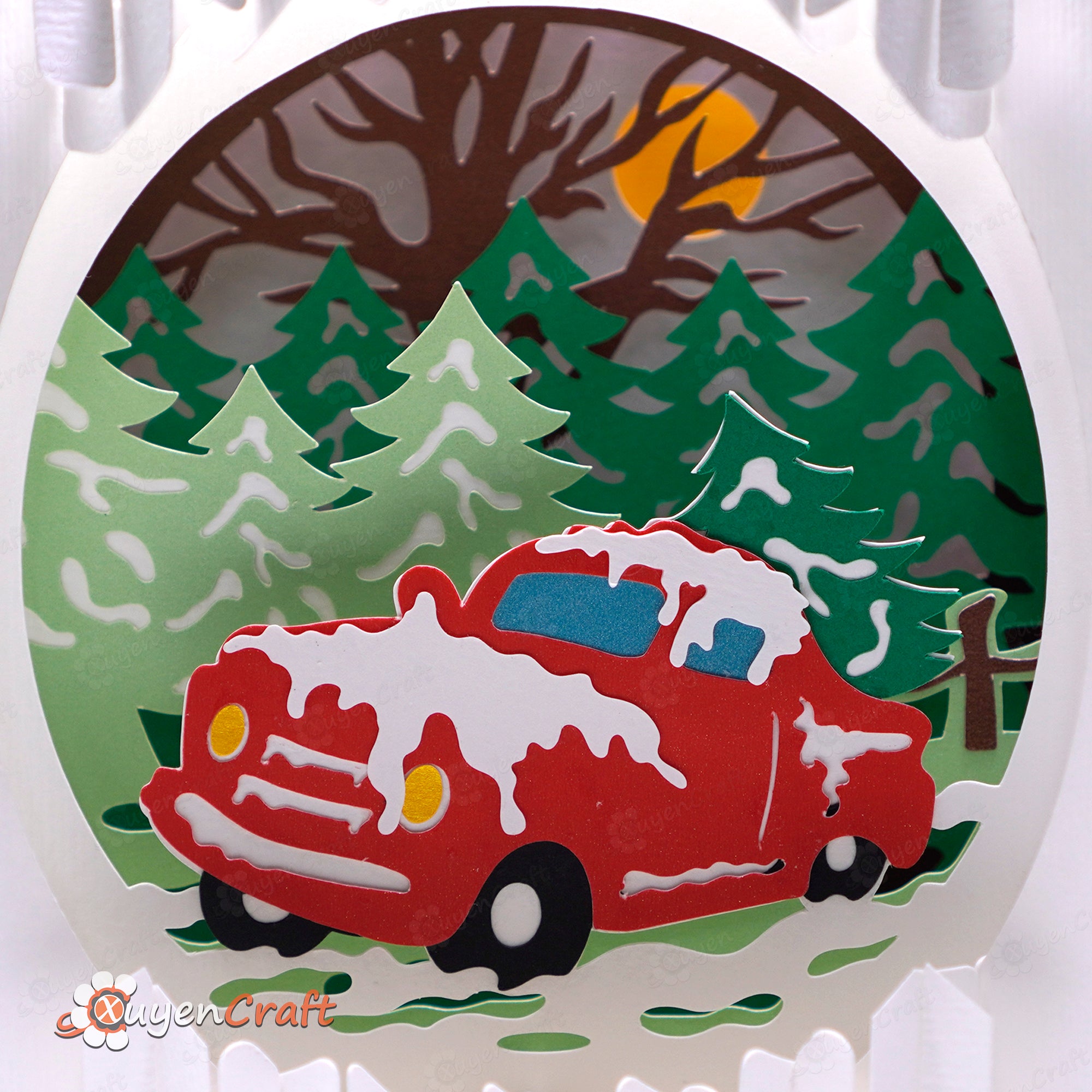 Color version Christmas Truck Sphere 3D Pop Up PDF, SVG, Silhouette Templates