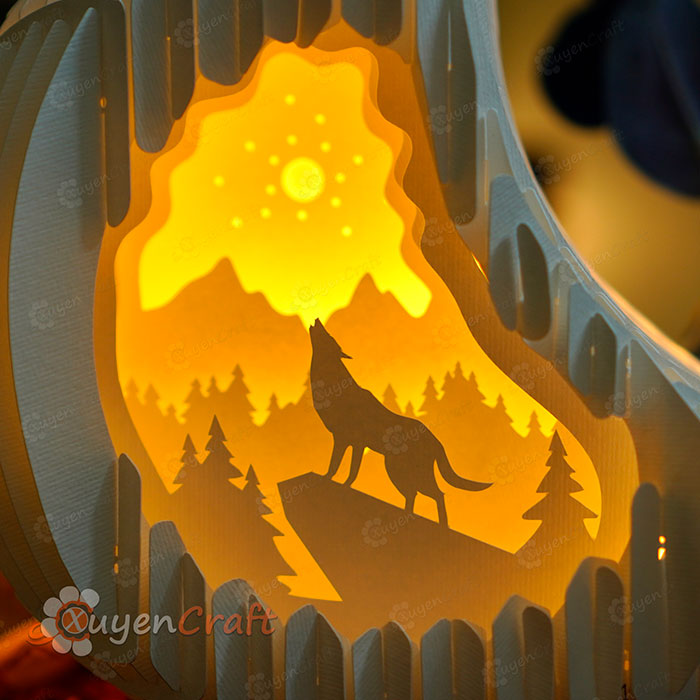 Creating wolf moon pop up with SVG, Studio template, DIY moons lamp decor with 3d pop up lightting, paper cut light box, howling wolf decor