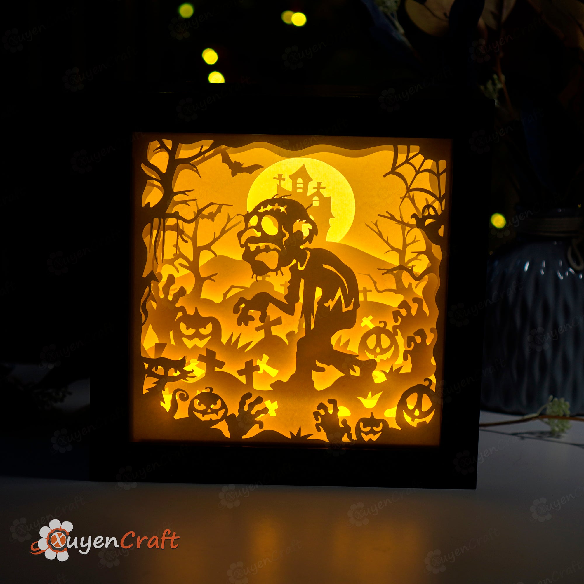 Zombie Light Box, Shadow Box SVG Template for Halloween decor art